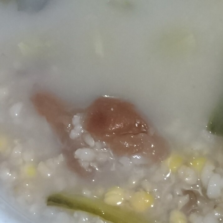 皮付レンズ豆とうもろこしほうれん草梅干し玄米ご飯粥